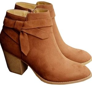 Women's Ankle Boots Tie Knot Closed Toe Side Zipper Stacked Heel Booties Shoes